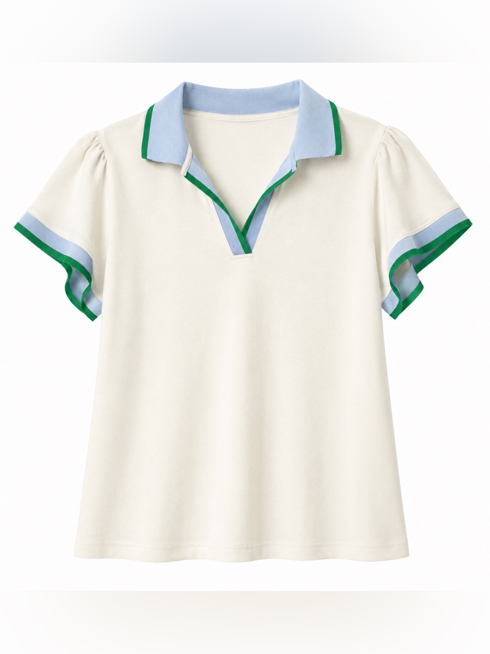 Blue and Green Detail Puff Sleeve Polo Top- XL